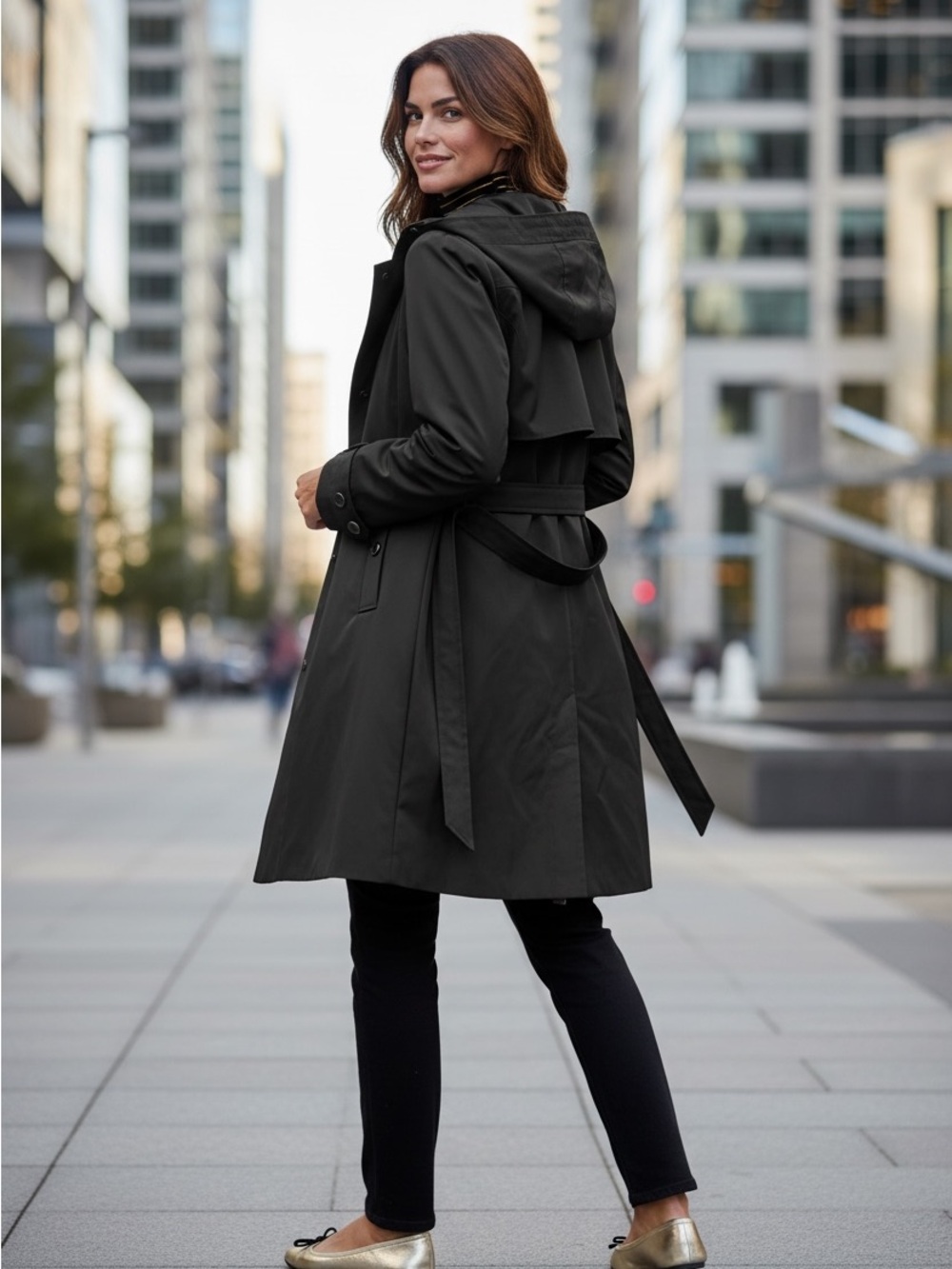 London Fog Black Hooded rain coat 3/4 length with Self-Tie Belt medium